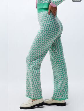 ANOTHER GIRL | Pink and Green Geometric Geo Knit Pattern Wide Leg Pants | Medium